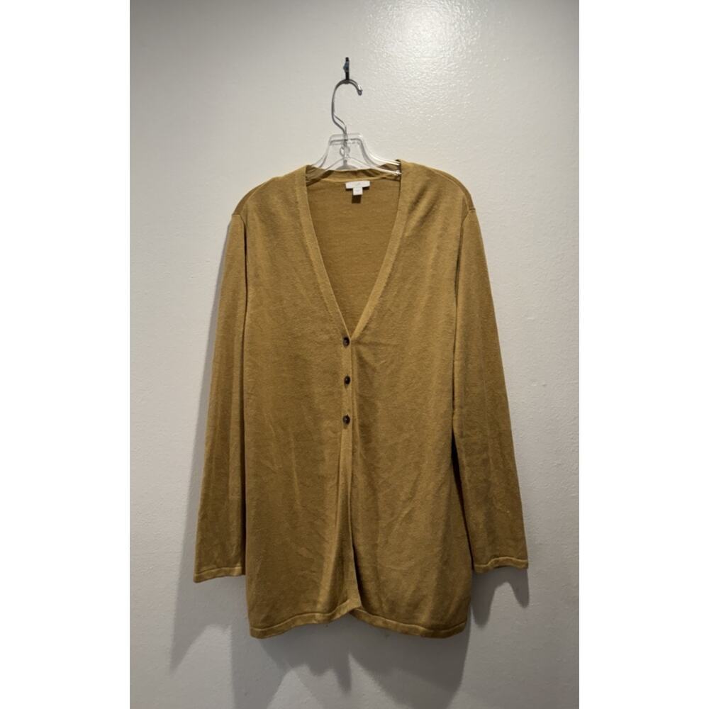 J Jill Women's Size Large‎ Mustard Tan Linen Blend Three Button Cardigan READ